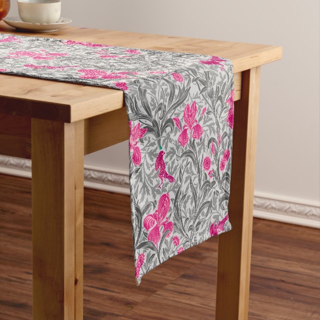 William Morris Irises, Pink and Silver Gray / Grey Short Table Runner (In Situ)