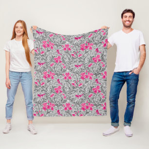 William Morris Irises, Pink and Silver Grey / Grey Fleece Blanket