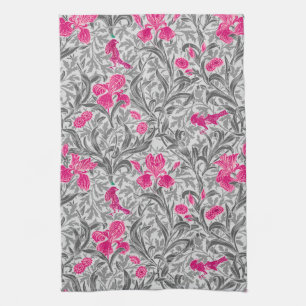 William Morris Irises, Pink and Silver Grey / Grey Tea Towel