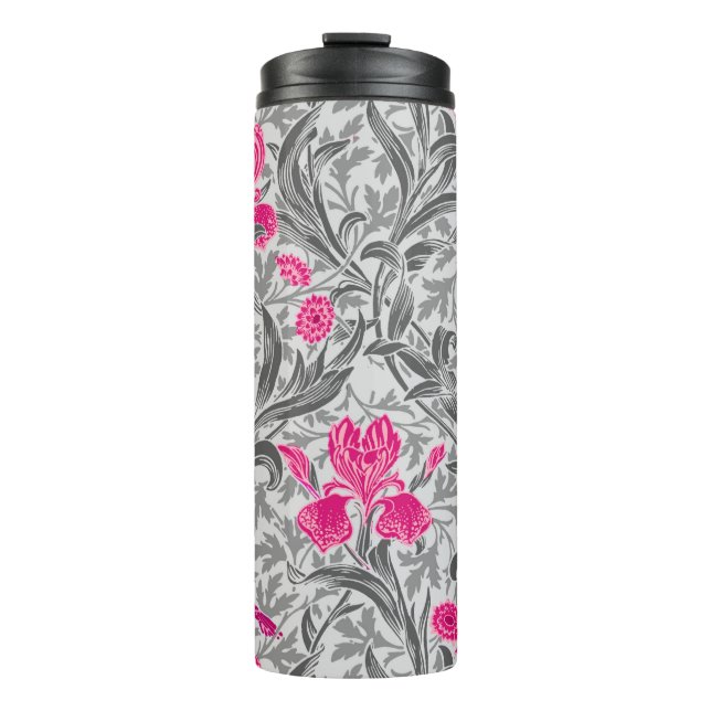 William Morris Irises, Pink and Silver Grey / Grey Thermal Tumbler (Front)