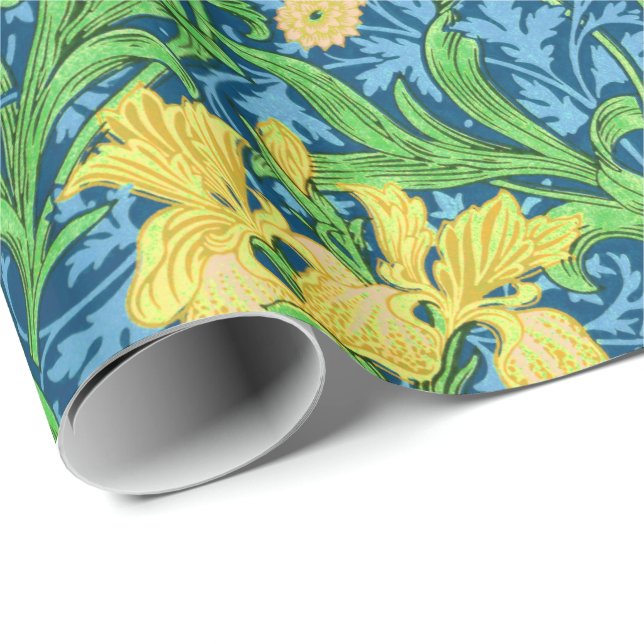 William Morris Irises, Yellow and Cobalt Blue Wrapping Paper (Roll Corner)