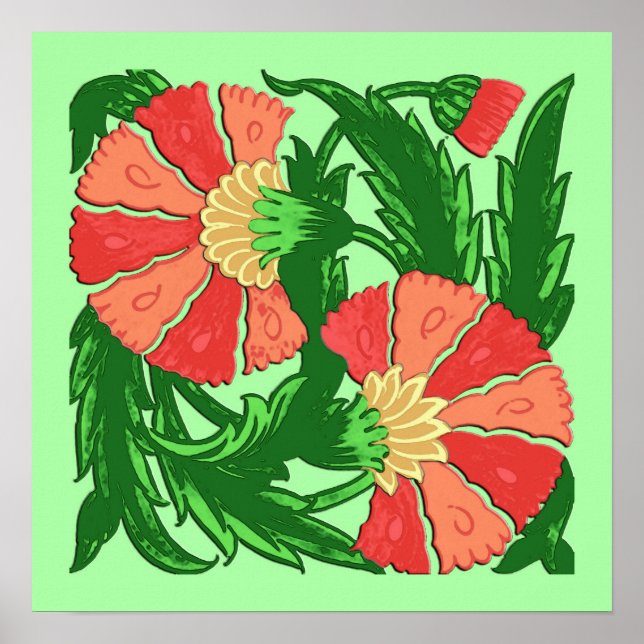 William Morris Jacobean, Coral Orange and Green Poster (Front)