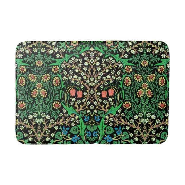 William Morris Jacobean Floral, Black Background Bath Mat (Front)