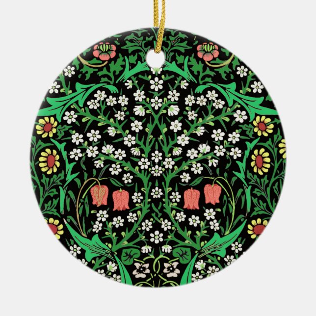 William Morris Jacobean Floral, Black Background  Ceramic Tree Decoration (Front)
