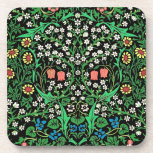 William Morris Jacobean Floral, Black Background  Coaster