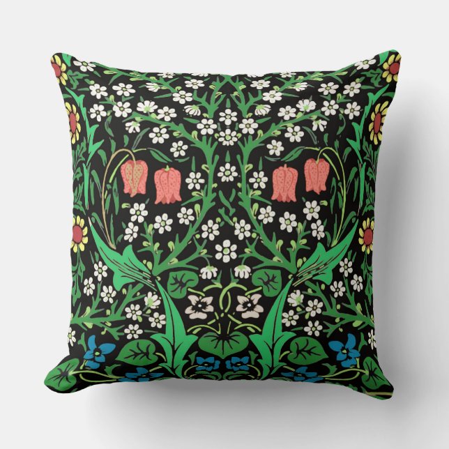 William Morris Jacobean Floral, Black Background Cushion (Front)