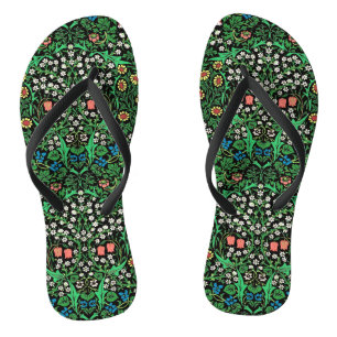 William Morris Jacobean Floral, Black Background  Flip Flops
