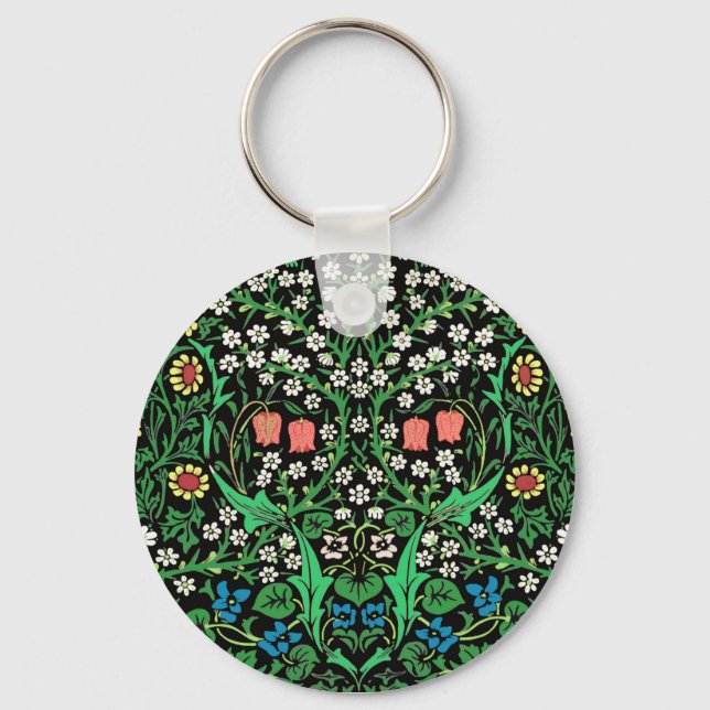 William Morris Jacobean Floral, Black Background  Key Ring (Front)