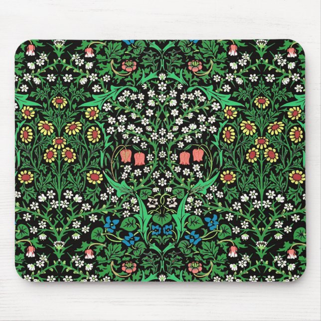 William Morris Jacobean Floral, Black Background Mouse Mat (Front)