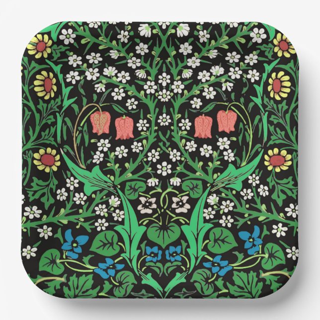 William Morris Jacobean Floral, Black Background Paper Plate (Front)