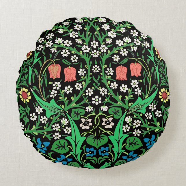 William Morris Jacobean Floral, Black Background Round Cushion (Front)