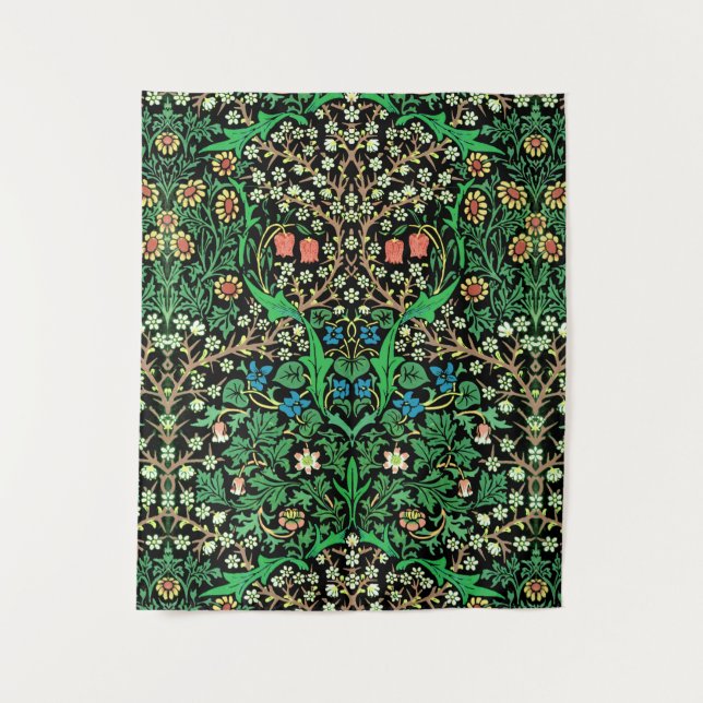 William Morris Jacobean Floral, Black Background Tapestry (Front)