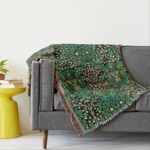 William Morris Jacobean Floral, Black Background Throw Blanket