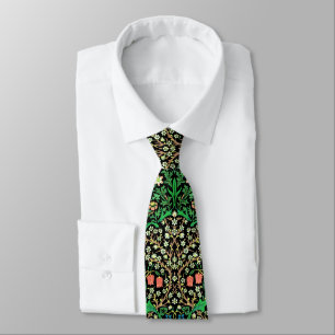 William Morris Jacobean Floral, Black Background Tie