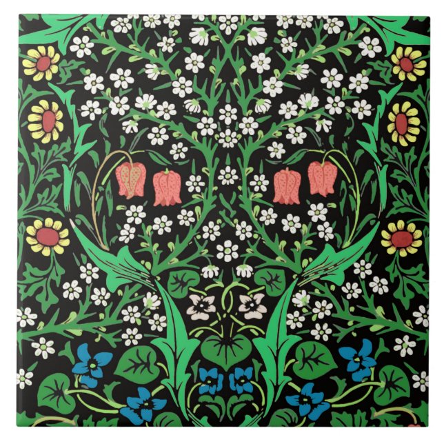 William Morris Jacobean Floral, Black Background Tile (Front)