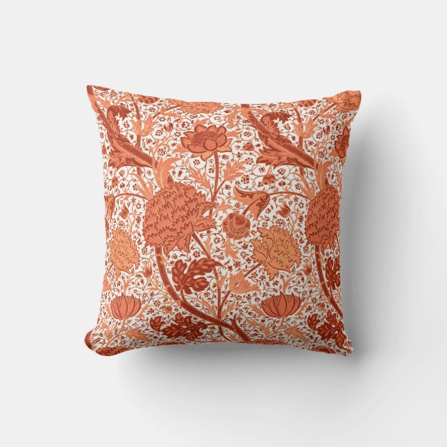 William Morris Jacobean Floral, Coral Orange Cushion (Front)