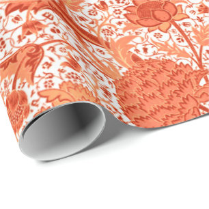 William Morris Jacobean Floral, Coral Orange Wrapping Paper