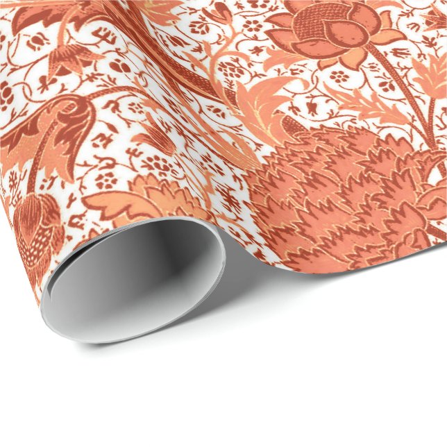 William Morris Jacobean Floral, Coral Orange Wrapping Paper (Roll Corner)