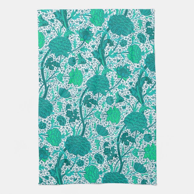 William Morris Jacobean Floral, Turquoise Tea Towel (Vertical)