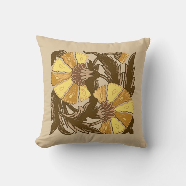 William Morris Jacobean, Mustard Gold and Brown Cushion (Front)