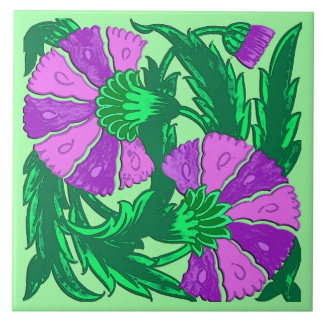 William Morris Jacobean, Orchid Purple and Green Tile (Front)