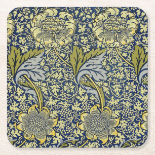 William Morris Kennet Floral Wallpaper Blue Gold Square Paper Coaster