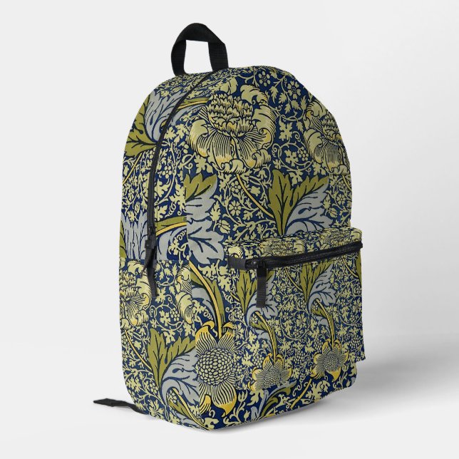 William Morris Kennet Floral Wallpaper Blue Printed Backpack (Back Corner Left)
