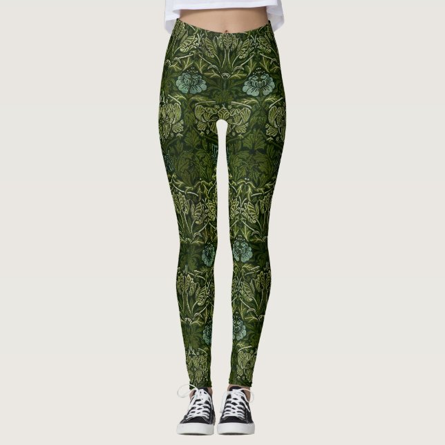 William Morris Large Green Leaves & Blue Flower Leggings (Front)