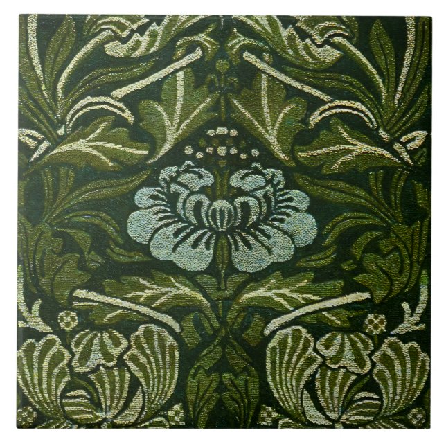William Morris Large Green Leaves & Blue Flower Tile (Front)