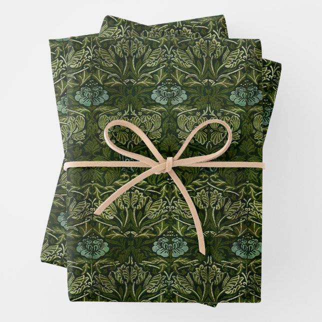 William Morris Large Green Leaves & Blue Flower Wrapping Paper Sheet (In situ)
