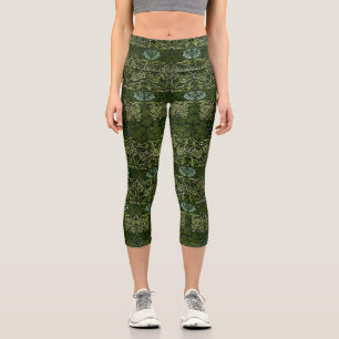 William Morris Large Green Tulip Rose Wallpaper Capri Leggings