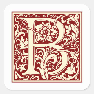 William Morris Letter B Monogram Initial Red Square Sticker