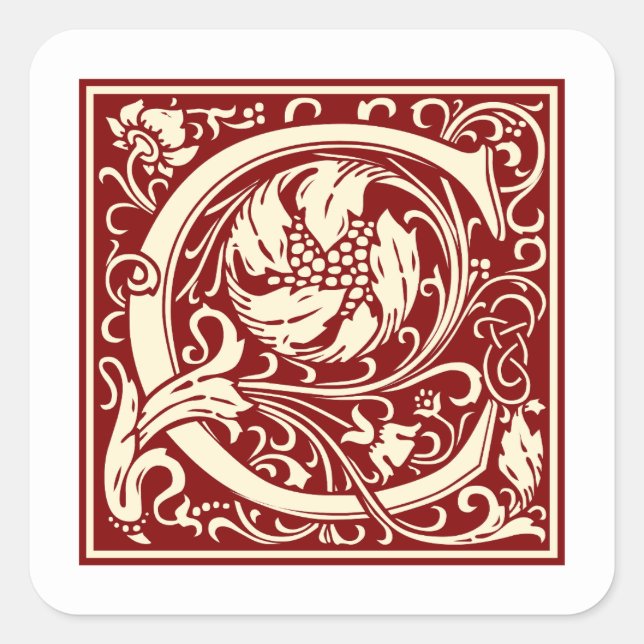William Morris Letter C Monogram Initial Red Square Sticker (Front)
