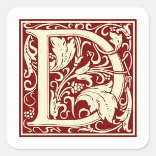 William Morris Letter D Monogram Initial Red Square Sticker