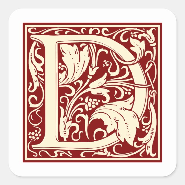 William Morris Letter D Monogram Initial Red Square Sticker (Front)
