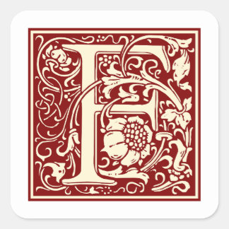 William Morris Letter F Monogram Initial Red Square Sticker