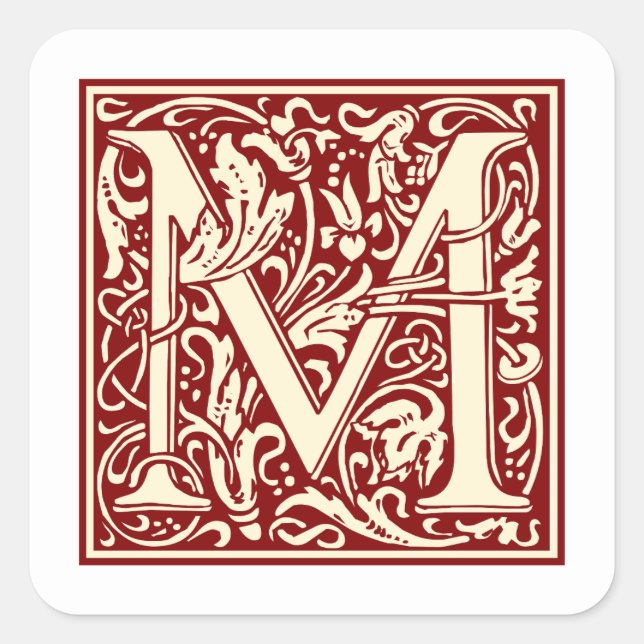 William Morris Letter M Monogram Initial Red Square Sticker (Front)