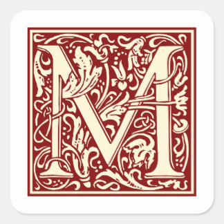 William Morris Letter M Monogram Initial Red Square Sticker