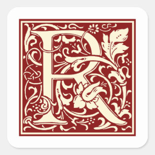William Morris Letter R Monogram Initial Red Square Sticker