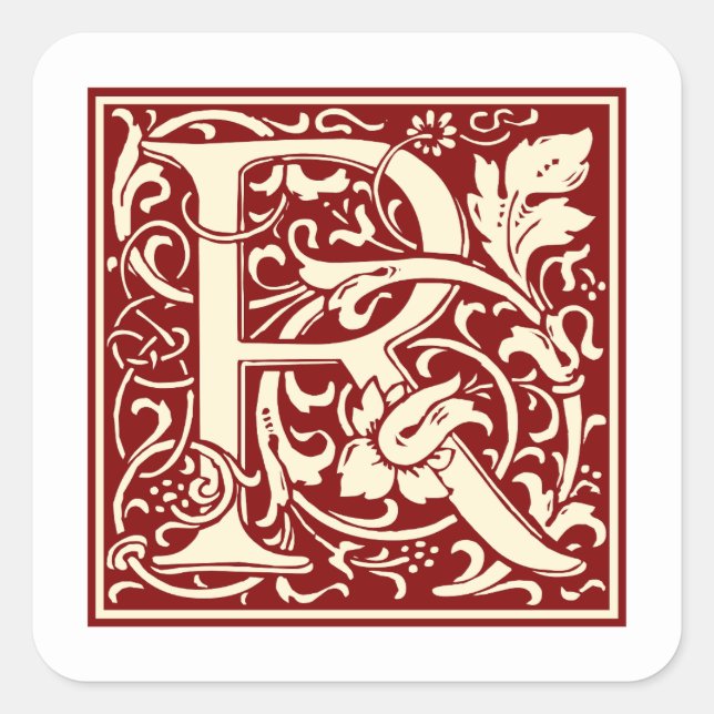 William Morris Letter R Monogram Initial Red Square Sticker (Front)