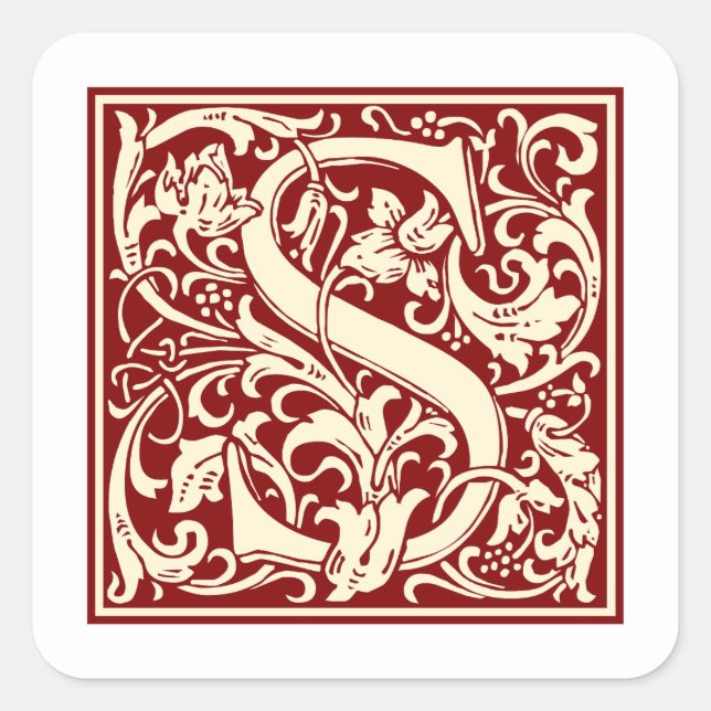 William Morris Letter S Monogram Initial Red Square Sticker (Front)