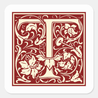 William Morris Letter T Monogram Initial Red Square Sticker