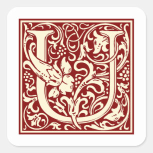 William Morris Letter U Monogram Initial Red Square Sticker