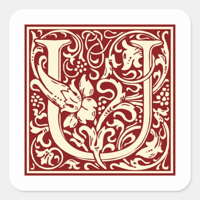 William Morris Letter U Monogram Initial Red Square Sticker (Front)