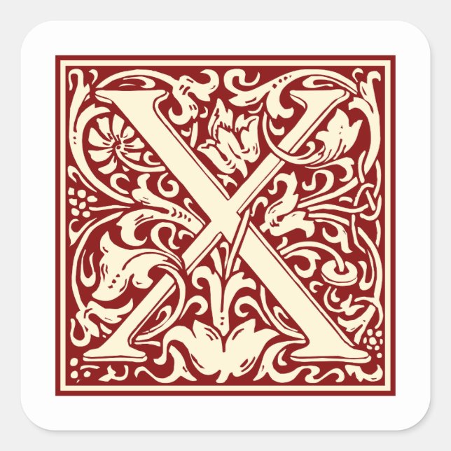 William Morris Letter X Monogram Initial Red Square Sticker (Front)
