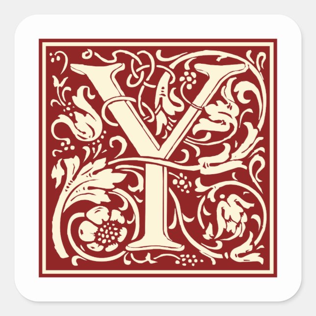 William Morris Letter Y Monogram Initial Red Square Sticker (Front)