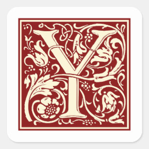 William Morris Letter Y Monogram Initial Red Square Sticker