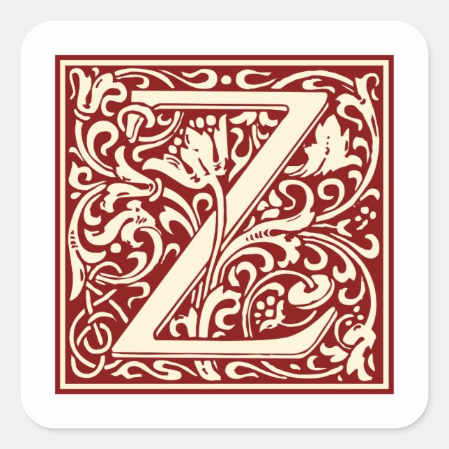 William Morris Letter Z Monogram Initial Red Square Sticker (Front)