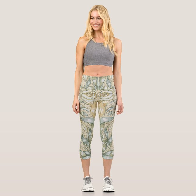 William Morris Lily and Pomegranate Flower Classic Capri Leggings (Front)