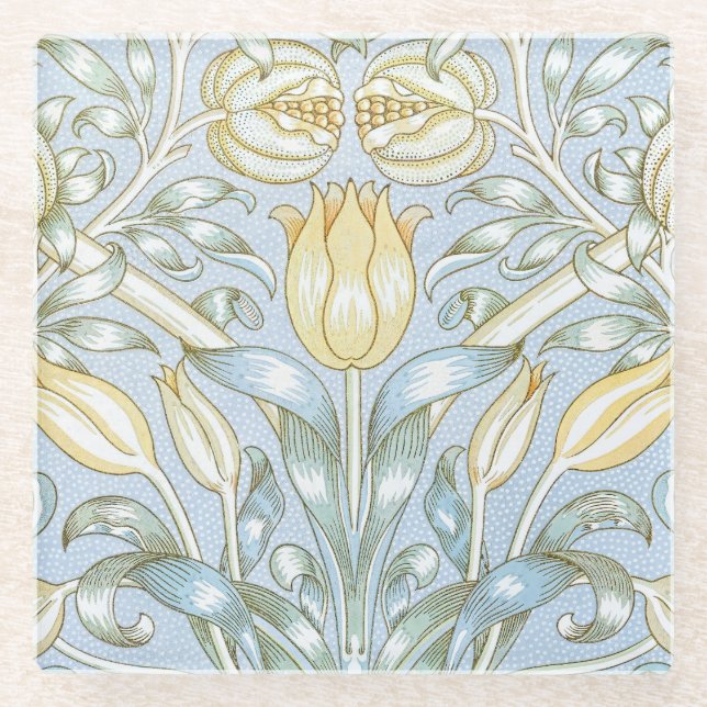 William Morris Lily and Pomegranate Flower Pattern Glass Coaster (Front)